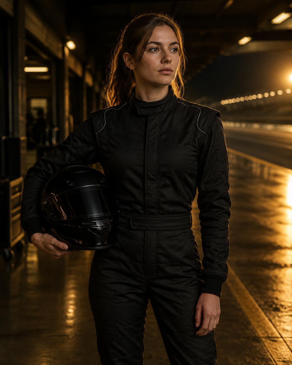 A driver in a plain black racing suit holding a helmet in a dark pit lane