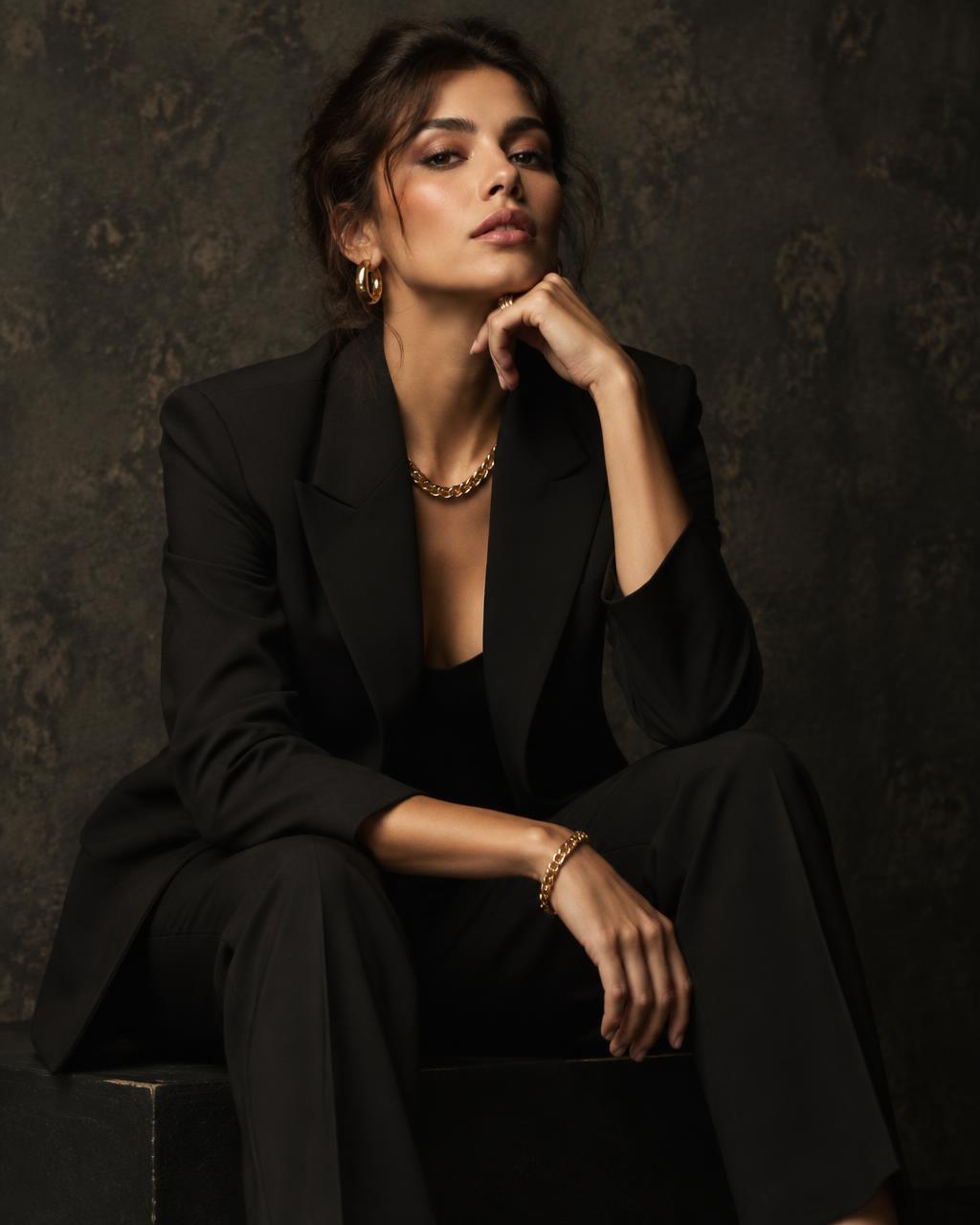 Editorial portrait of a woman in a tailored black suit with gold jewelry